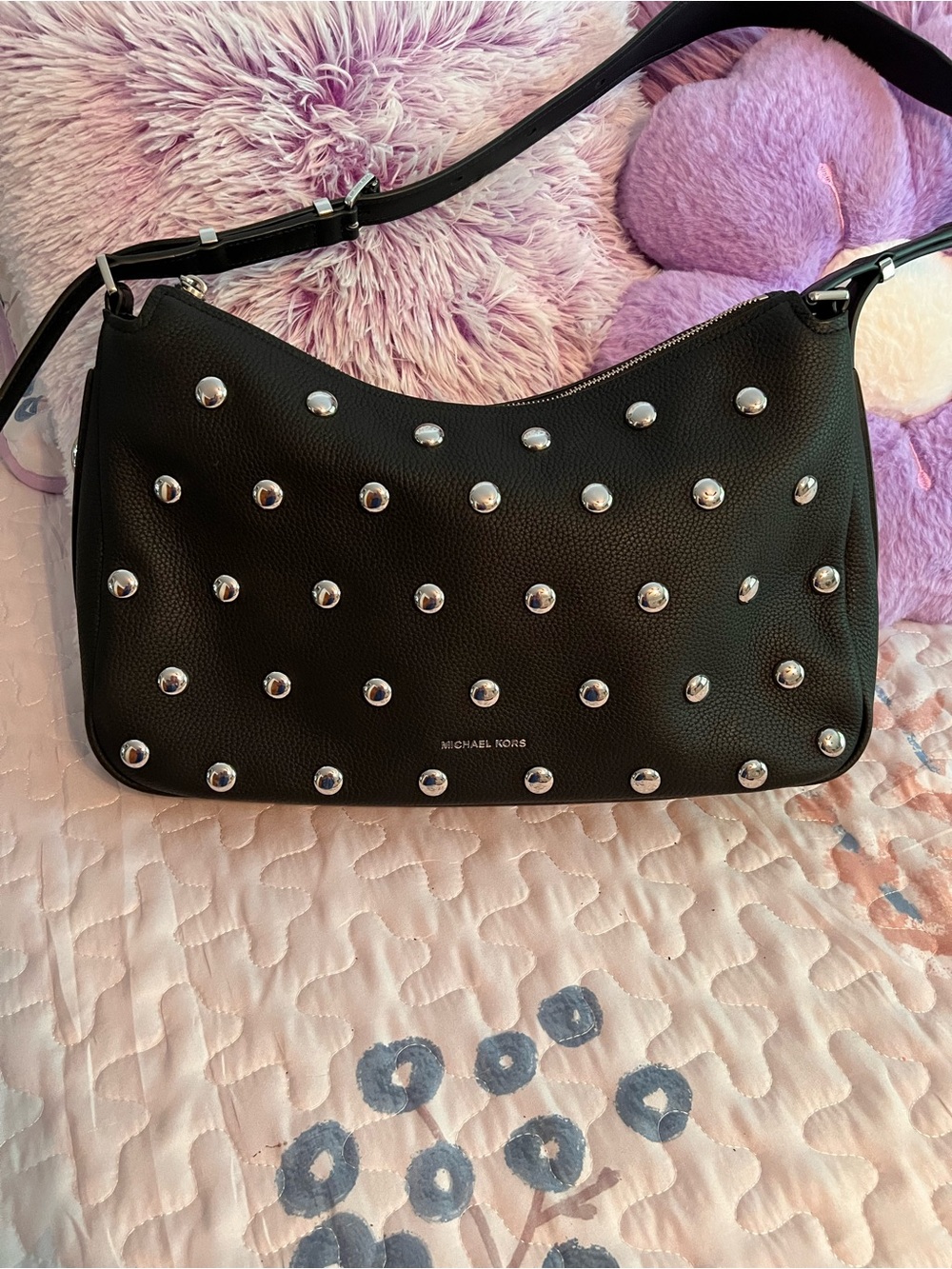 Michael Kors Black Studded Nolita Pebbled Shoulder Hobo